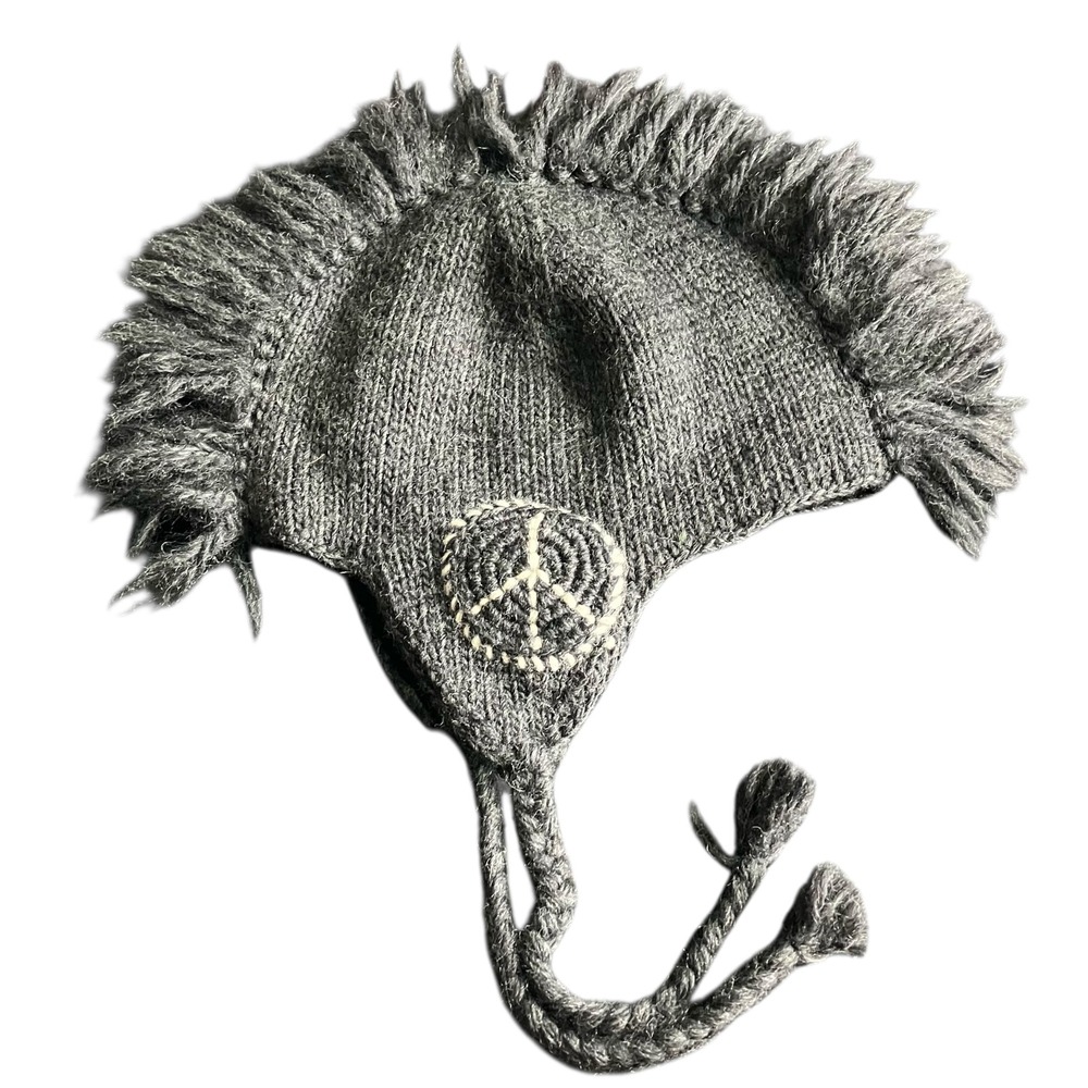 Nirvanna‎ Designs Hand Knit Gray Peace Sign Mohawk Hat